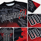 Custom Black Red-White Gradient Scratch Splash Sublimation Soccer Uniform Jersey detail