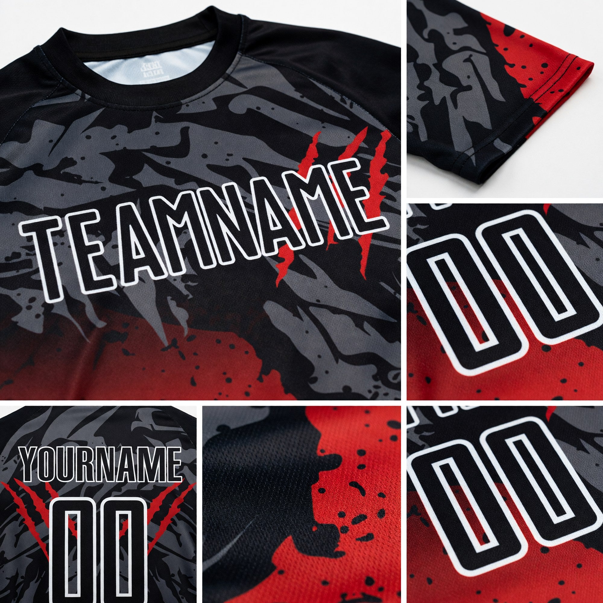 Custom Black Red-White Gradient Scratch Splash Sublimation Soccer Uniform Jersey detail