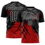Custom Black Red-White Gradient Scratch Splash Sublimation Soccer Uniform Jersey photo 1