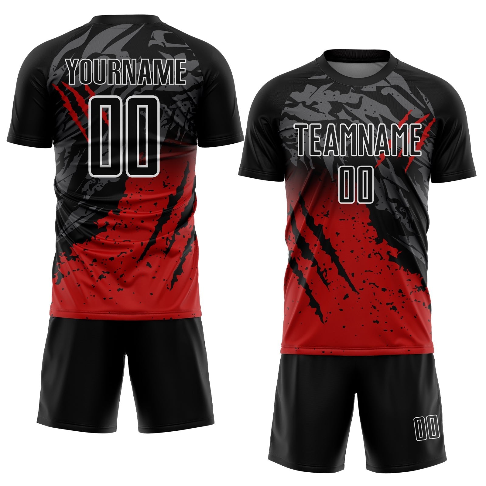 Custom Black Red-White Gradient Scratch Splash Sublimation Soccer Uniform Jersey photo 2