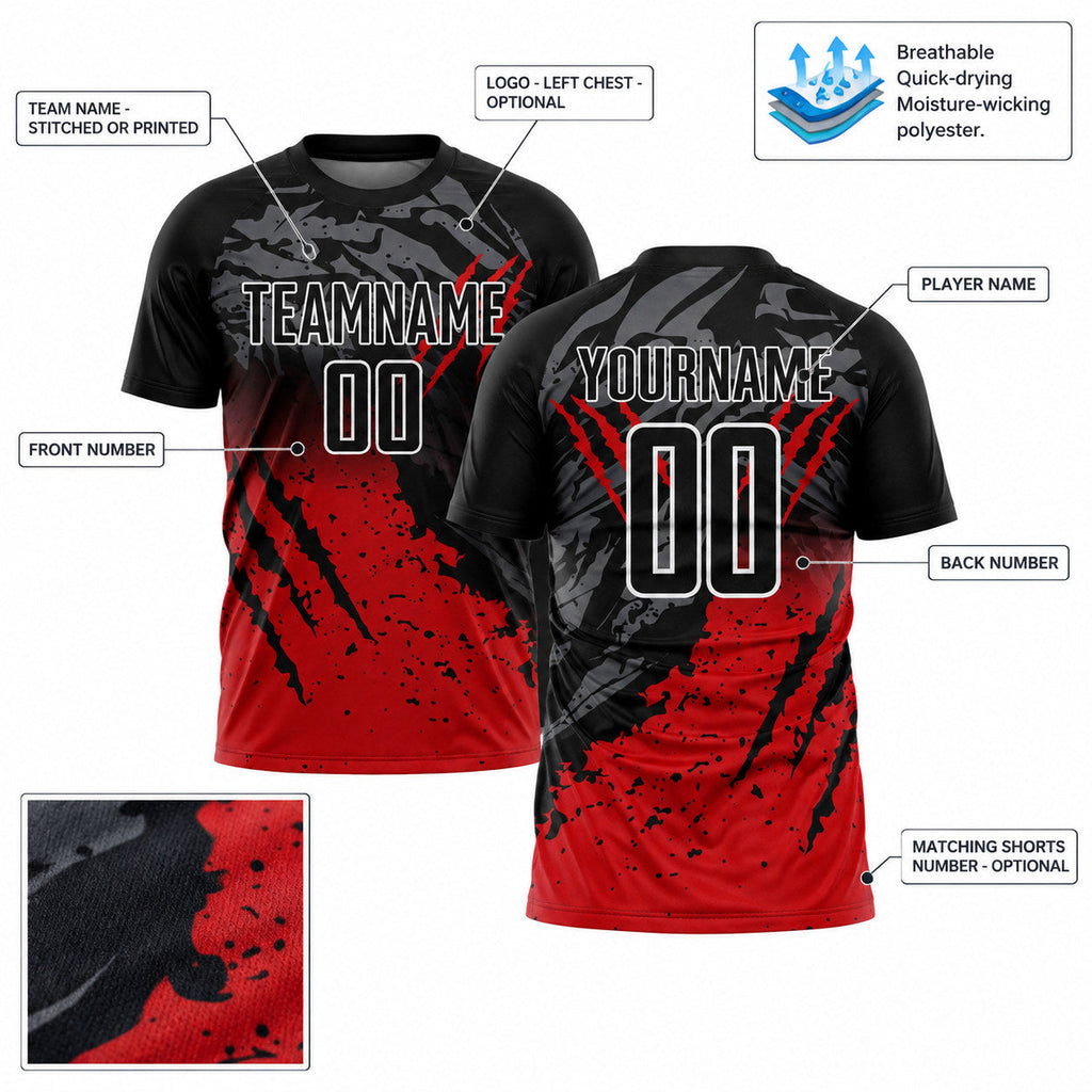 Custom Black Gradient Scratch Splash Sublimated Soccer Jersey with Red and White Lettering customization guide