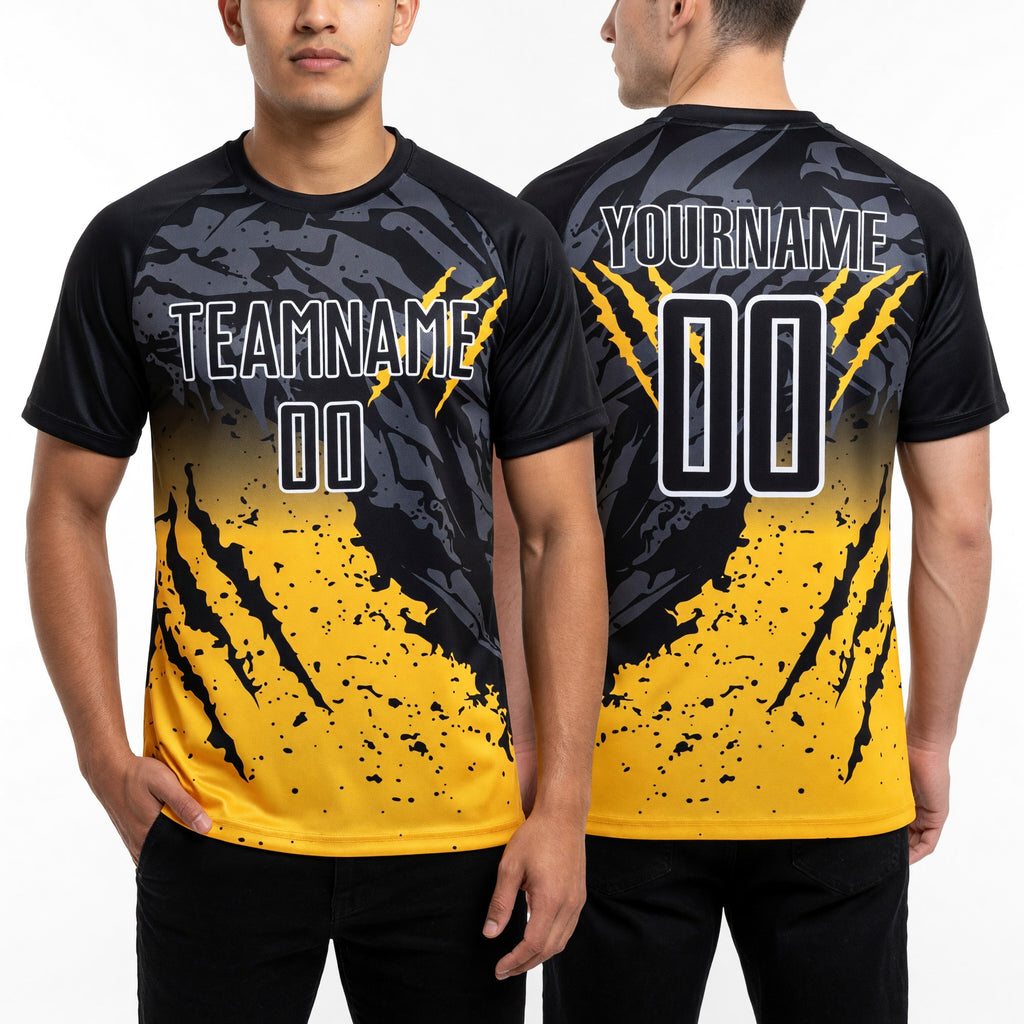 Custom Black Yellow-White Gradient Scratch Splash Sublimation Soccer Uniform Jersey worn front and back