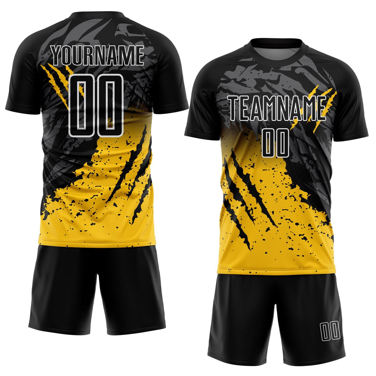 Custom Black Yellow-White Gradient Scratch Splash Sublimation Soccer Uniform Jersey photo 2
