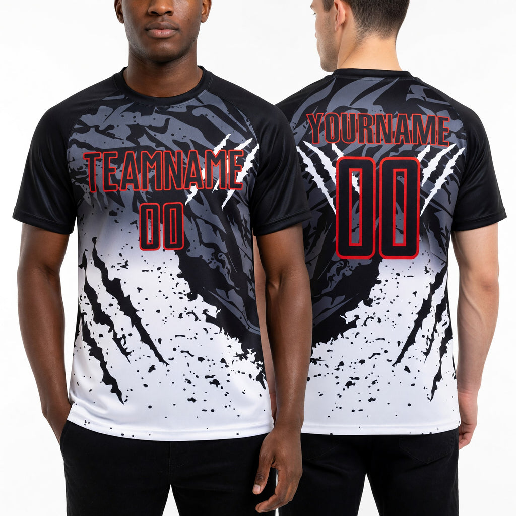 Custom Black White-Red Gradient Scratch Splash Sublimation Soccer Uniform Jersey worn front and back