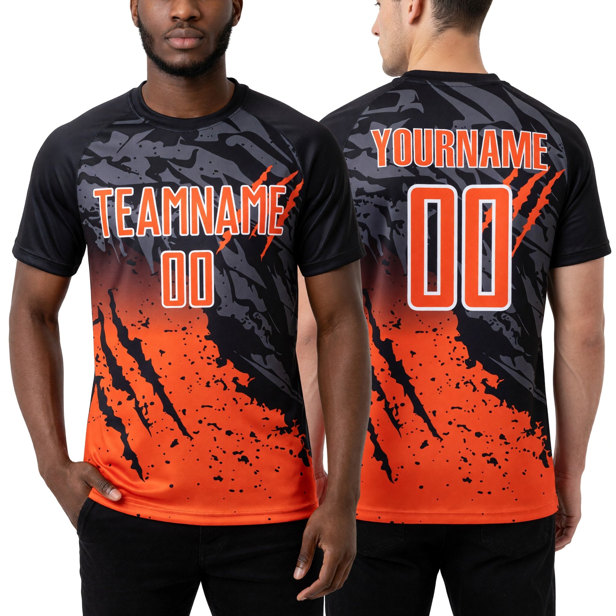 Custom Black Orange-White Gradient Scratch Splash Sublimation Soccer Uniform Jersey worn front and back