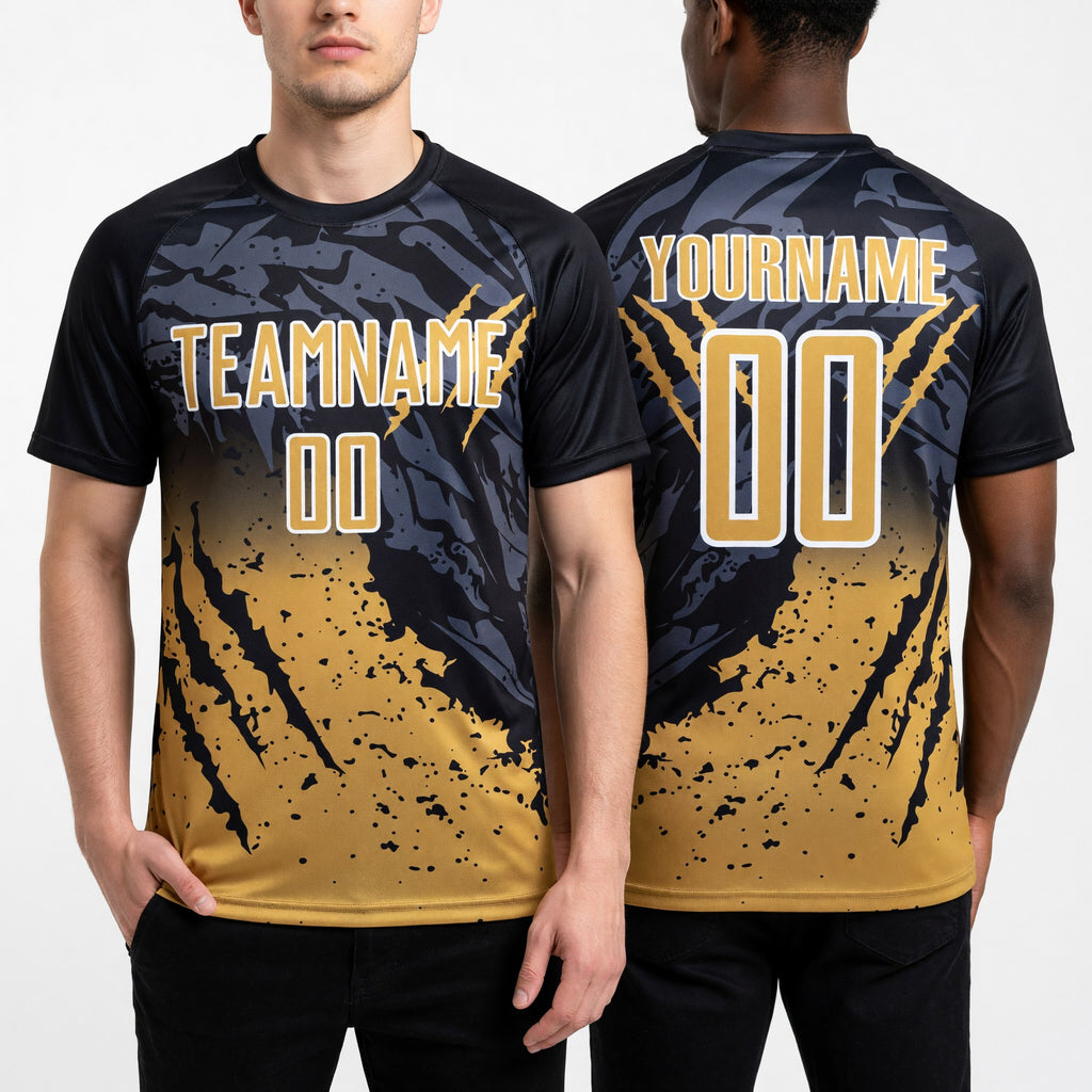 Custom Black Old Gold-White Gradient Scratch Splash Sublimation Soccer Uniform Jersey worn front and back