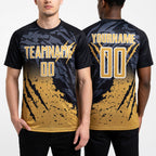Custom Black Old Gold-White Gradient Scratch Splash Sublimation Soccer Uniform Jersey worn front and back