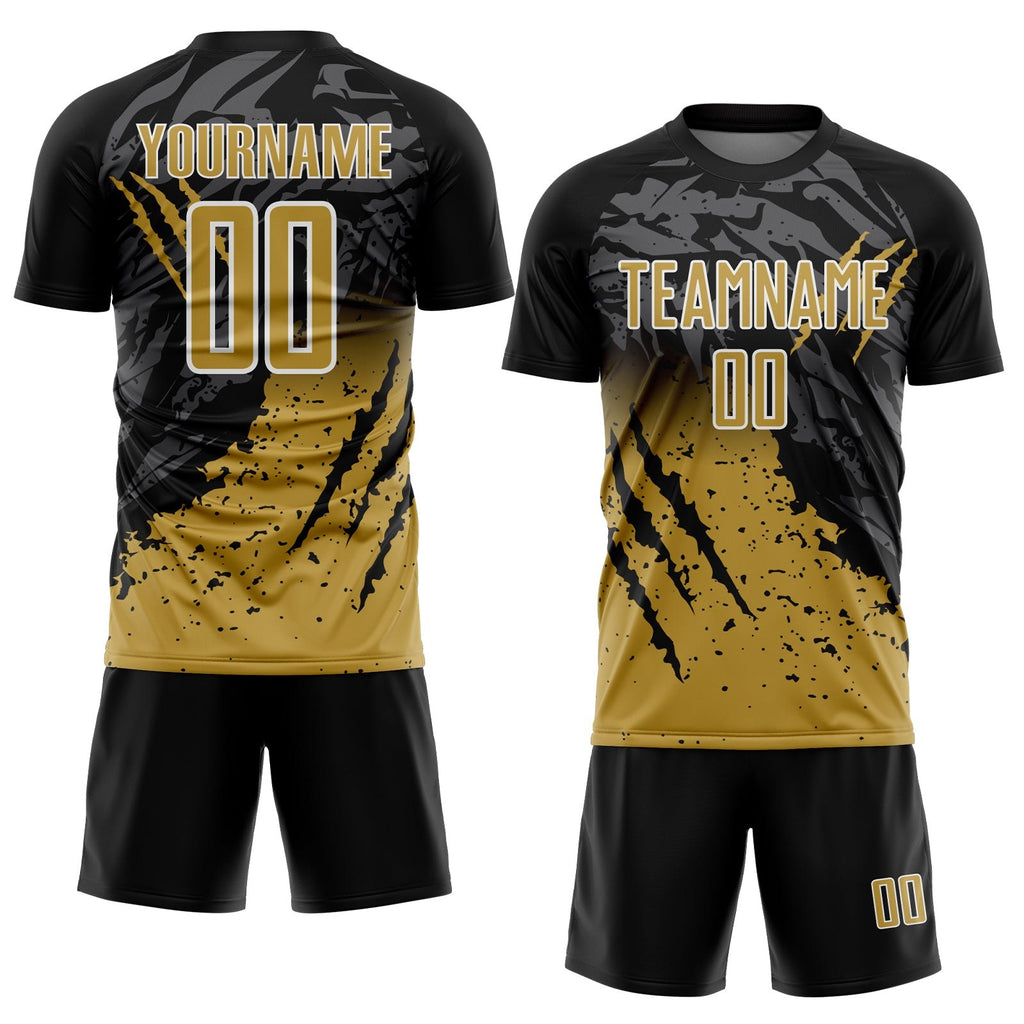 Custom Black Old Gold-White Gradient Scratch Splash Sublimation Soccer Uniform Jersey photo 2