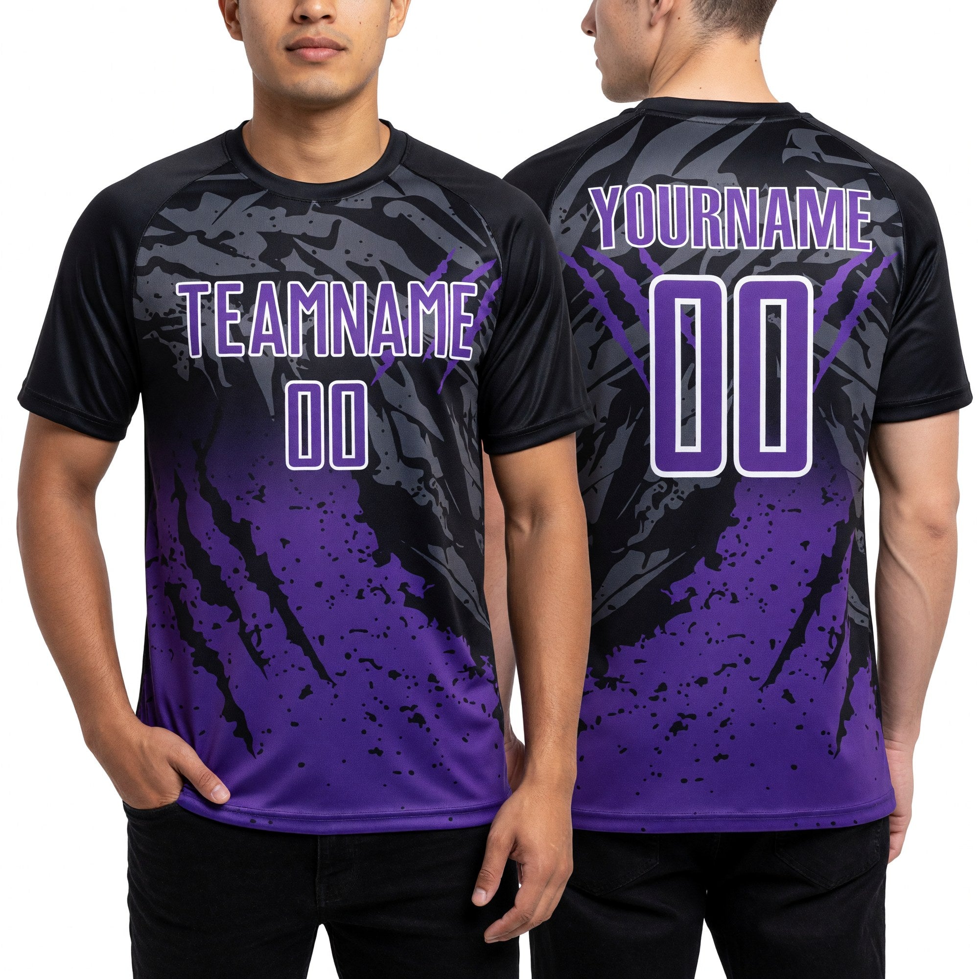 Custom Black Purple-White Gradient Scratch Splash Sublimation Soccer Uniform Jersey worn front and back