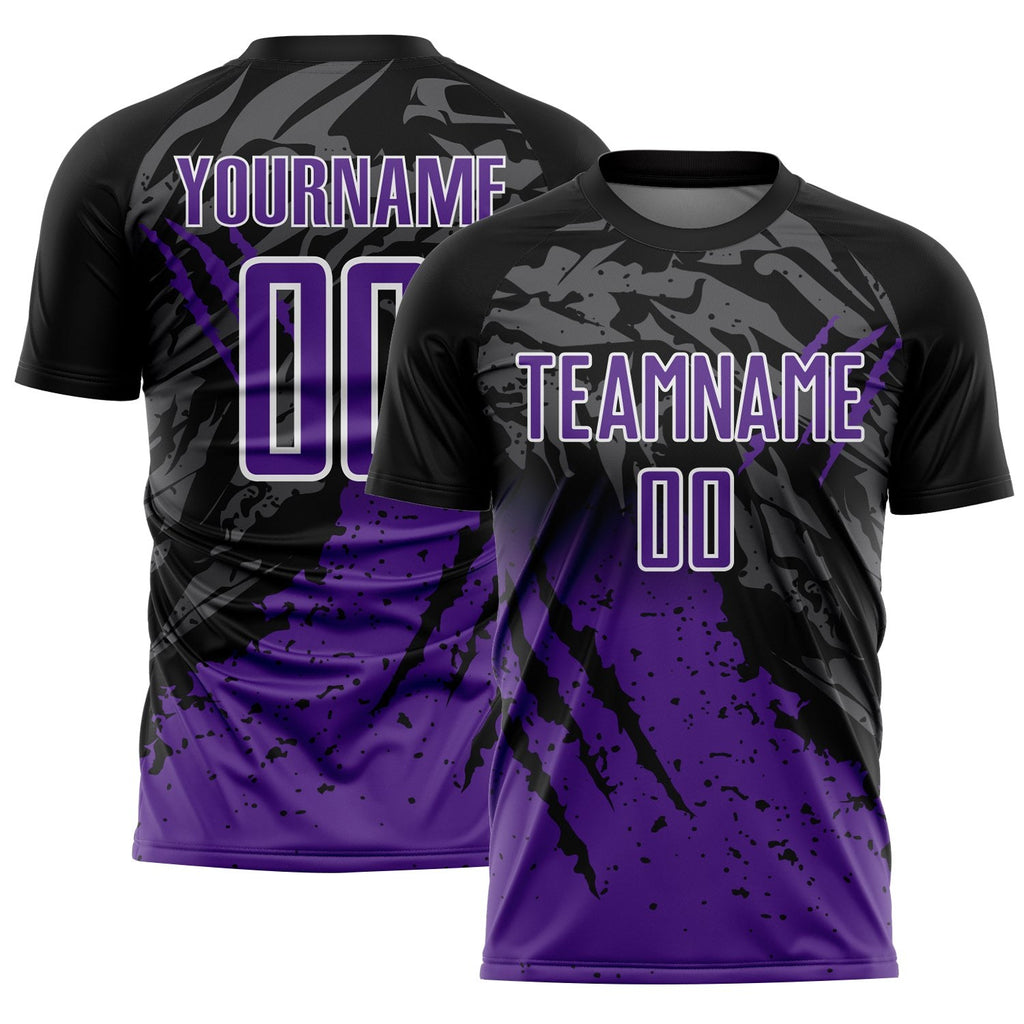 Custom Black Purple-White Gradient Scratch Splash Sublimation Soccer Uniform Jersey