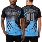 Custom Black Light Blue-White Gradient Scratch Splash Sublimation Soccer Uniform Jersey worn front and back