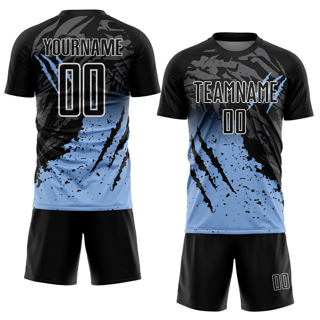 Custom Black Light Blue-White Gradient Scratch Splash Sublimation Soccer Uniform Jersey photo 2