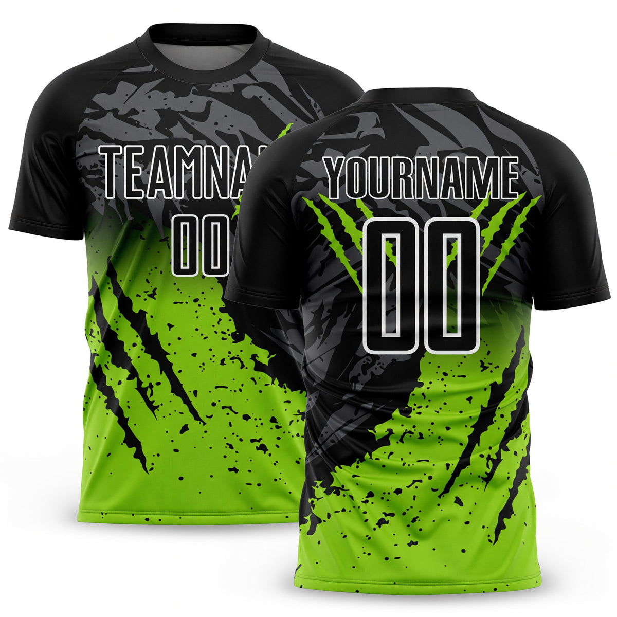 Custom Black Neon Green-White Gradient Scratch Splash Sublimation Soccer Uniform Jersey