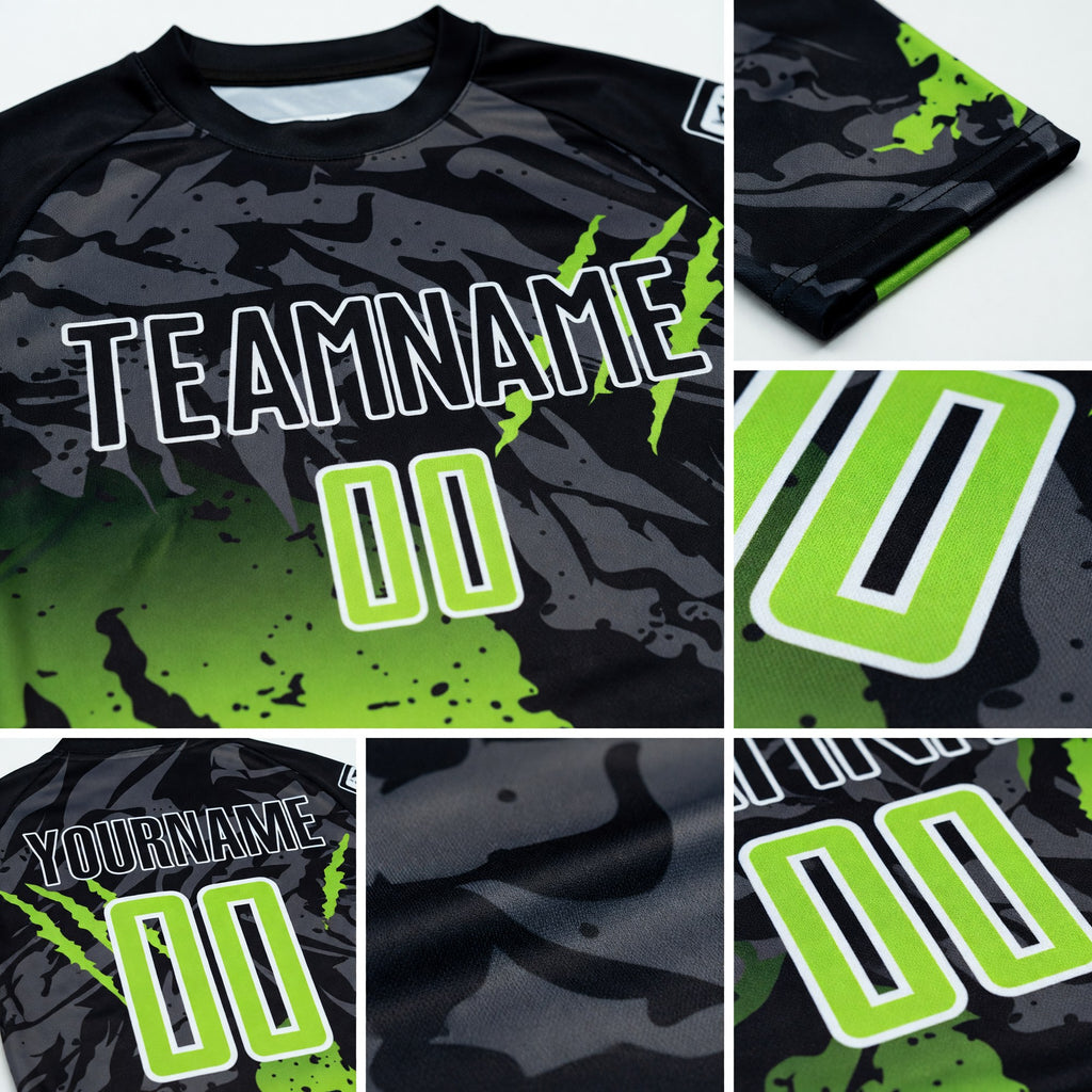 Custom Black Neon Green-White Gradient Scratch Splash Sublimation Soccer Uniform Jersey detail