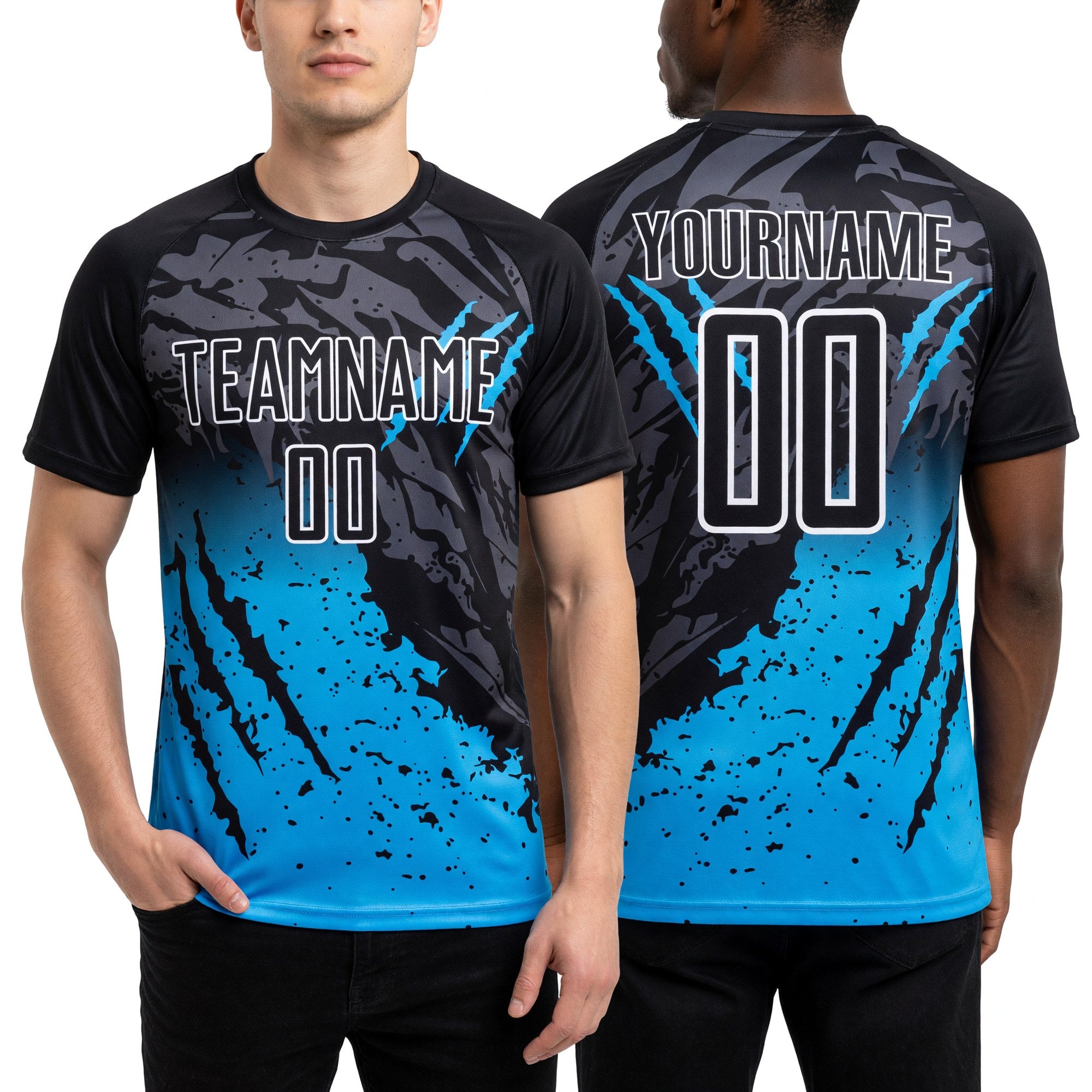 Custom Black Sky Blue-White Gradient Scratch Splash Sublimation Soccer Uniform Jersey worn front and back