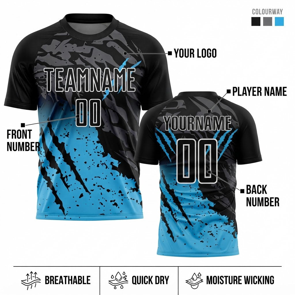 Custom Black Gradient Scratch Splash Sublimated Soccer Jersey with Sky Blue and White Lettering customization guide