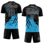 Custom Black Sky Blue-White Gradient Scratch Splash Sublimation Soccer Uniform Jersey photo 2