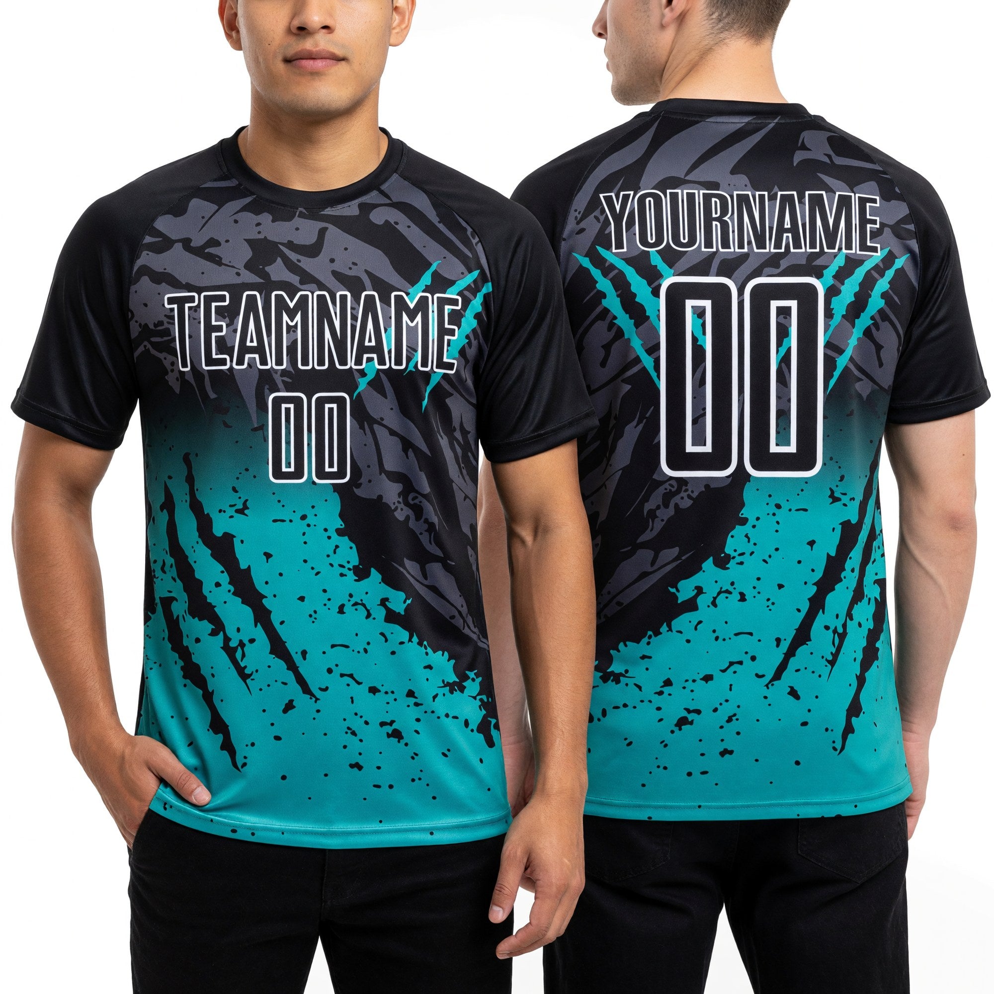 Custom Black Aqua-White Gradient Scratch Splash Sublimation Soccer Uniform Jersey worn front and back