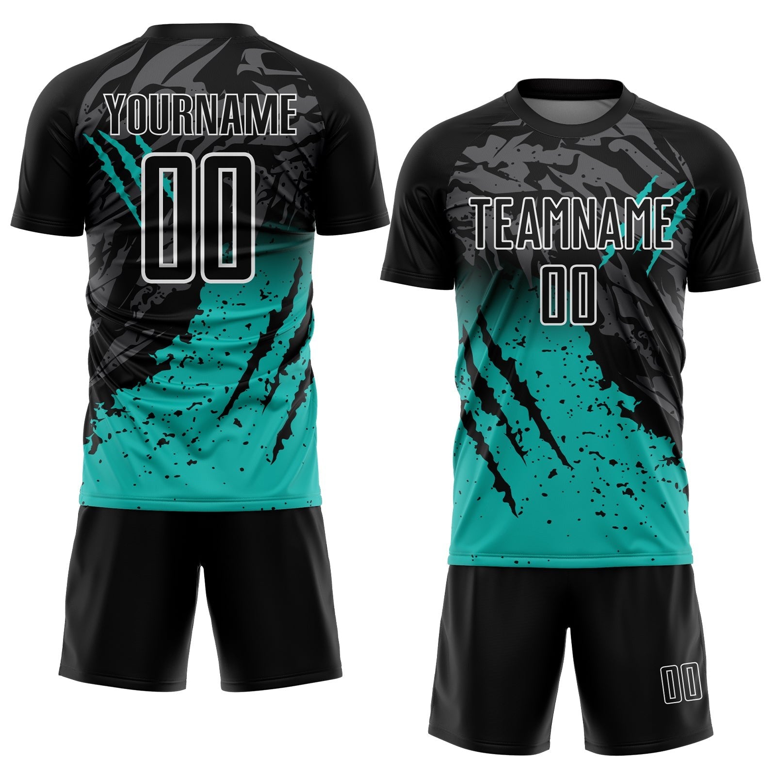 Custom Black Aqua-White Gradient Scratch Splash Sublimation Soccer Uniform Jersey photo 2