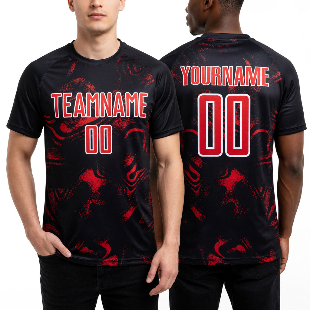 Custom Black Red-White Abstract Liquid Sublimation Soccer Uniform Jersey worn front and back