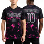 Custom Black Pink-White Abstract Liquid Sublimation Soccer Uniform Jersey worn front and back