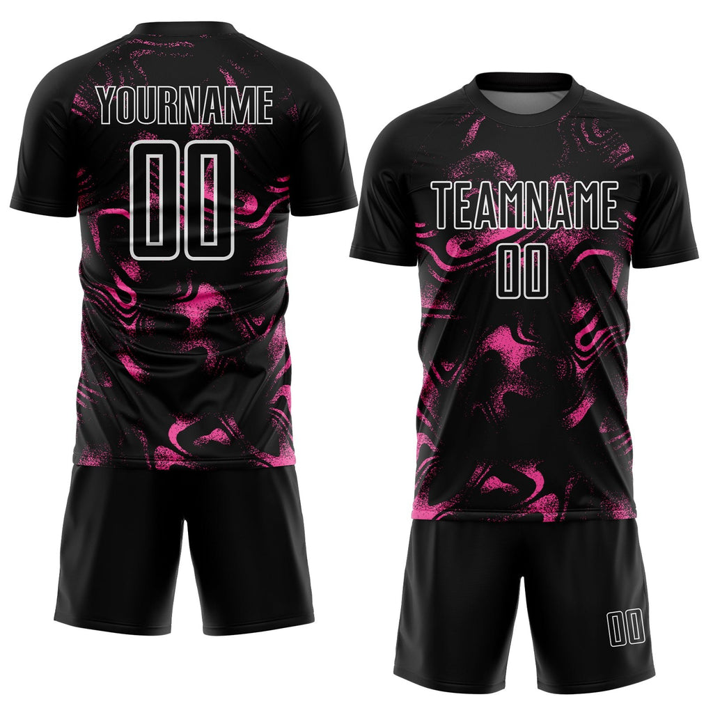 Custom Black Pink-White Abstract Liquid Sublimation Soccer Uniform Jersey photo 2