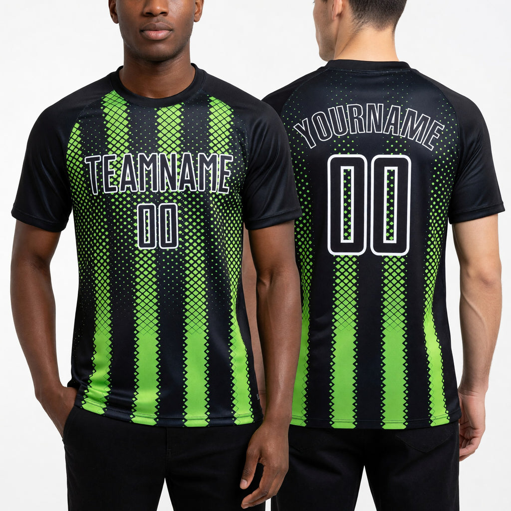 Custom Black Neon Green-White Geometric Shape Sublimation Soccer Uniform Jersey worn front and back