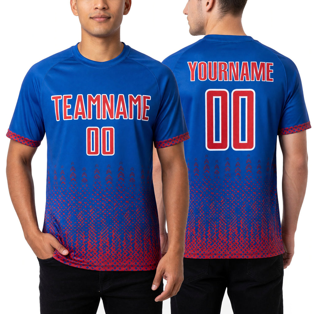 Custom Royal Red-White Geometric Shape Sublimation Soccer Uniform Jersey worn front and back