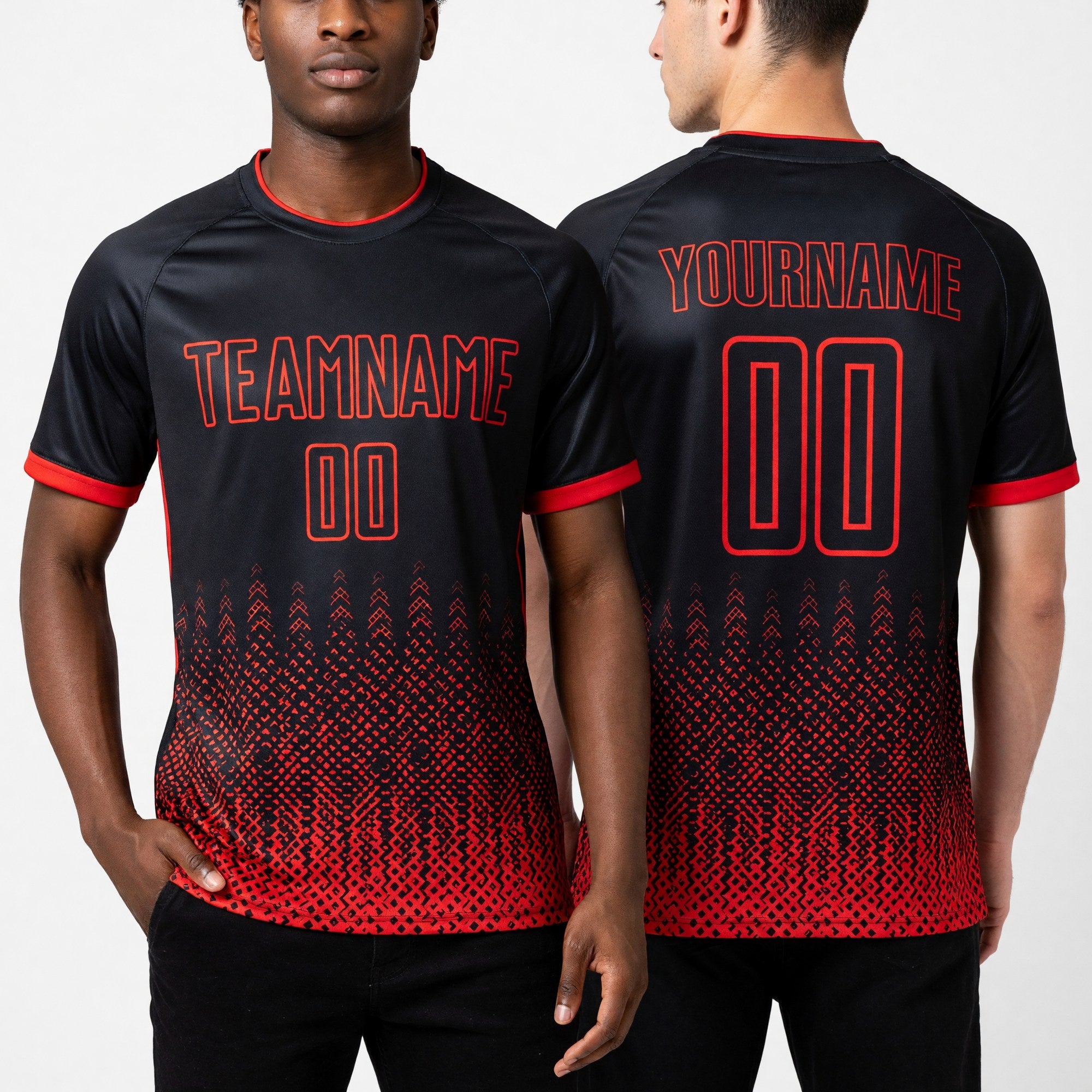 Custom Black Red Geometric Shape Sublimation Soccer Uniform Jersey worn front and back