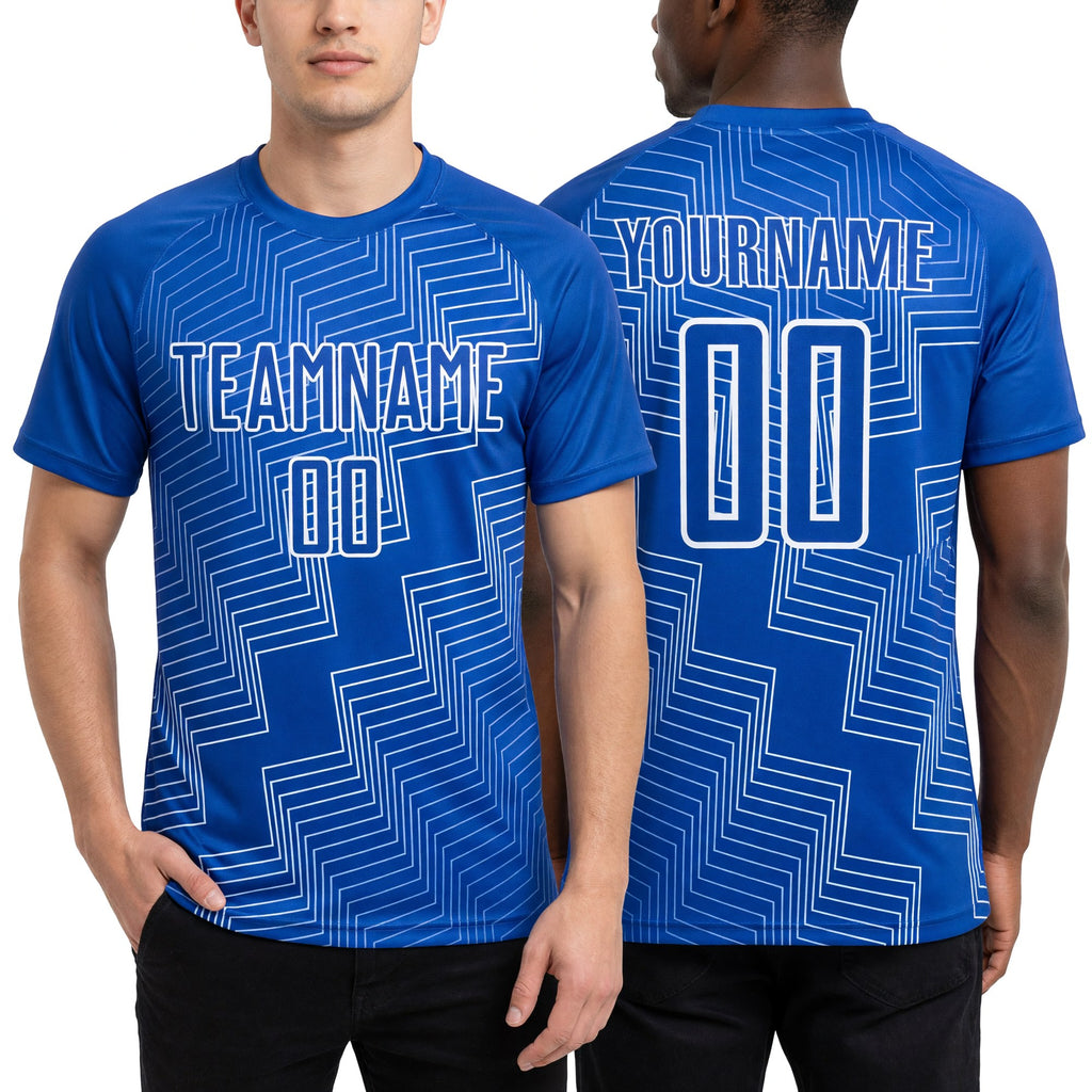 Custom Thunder Blue White Zigzag Shape Sublimation Soccer Uniform Jersey worn front and back