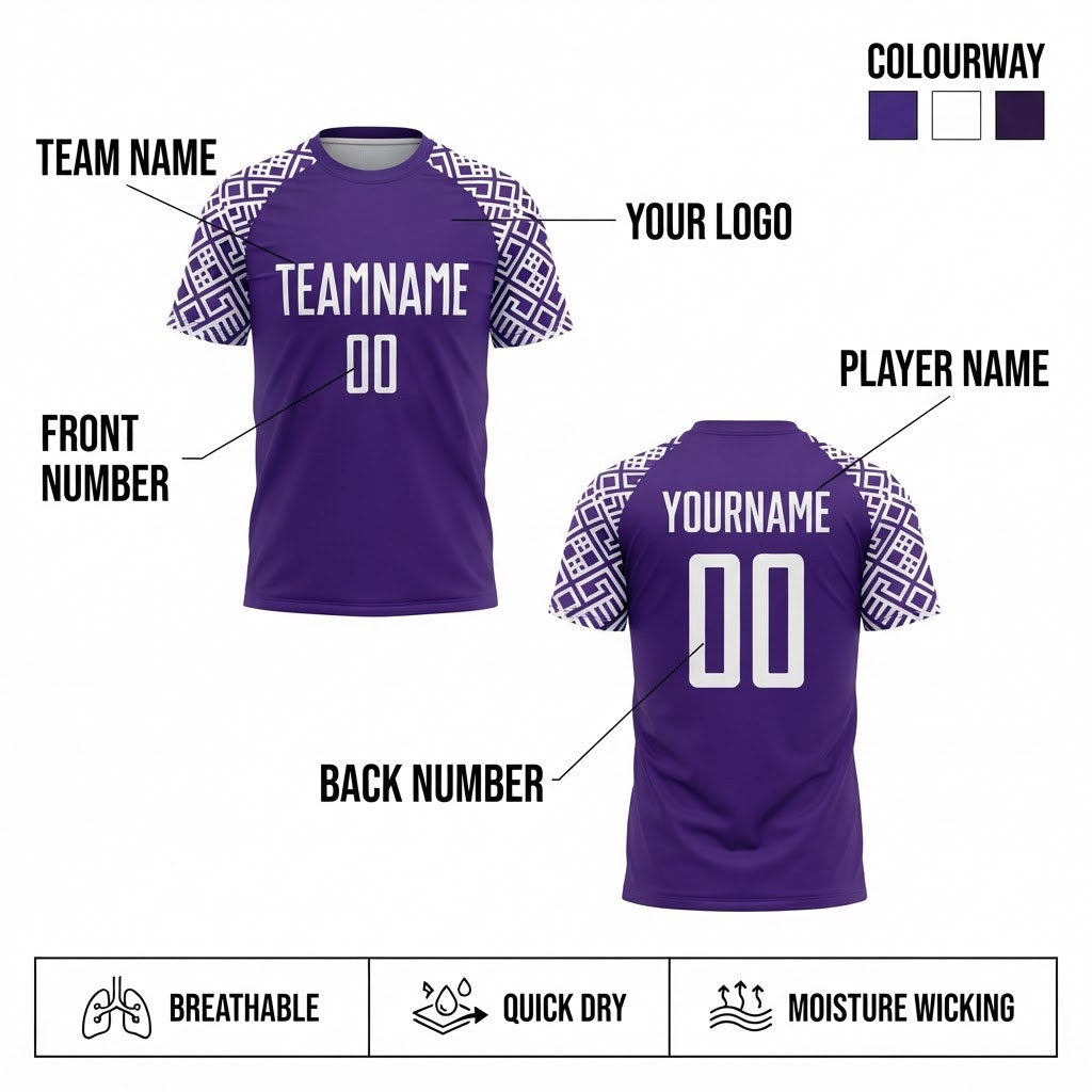 Custom Purple Geometric Shape Sublimated Soccer Jersey with White Lettering Design 2791 customization guide