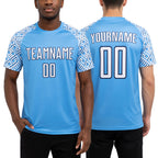 Custom Light Blue White-Navy Geometric Shape Sublimation Soccer Uniform Jersey worn front and back