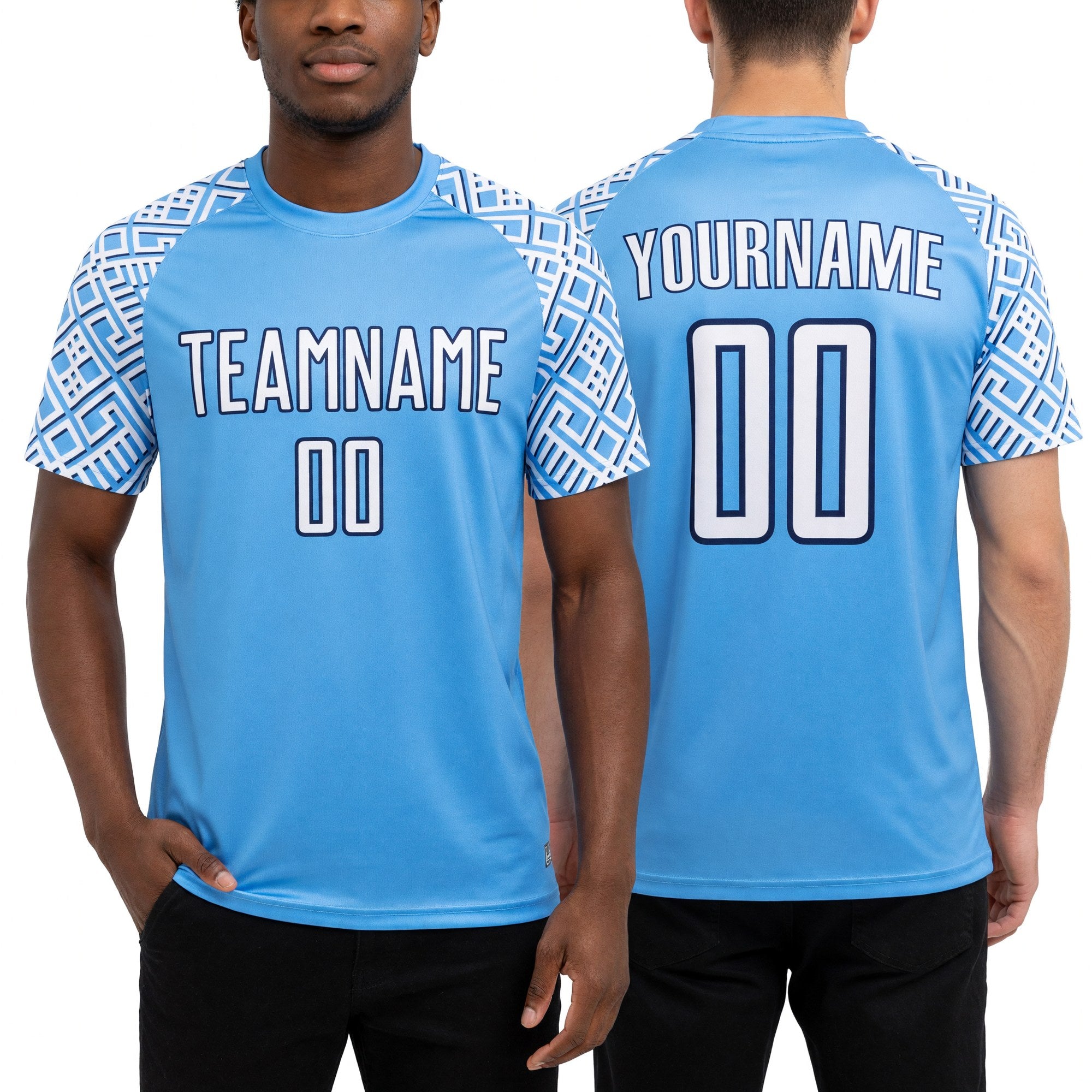 Custom Light Blue White-Navy Geometric Shape Sublimation Soccer Uniform Jersey worn front and back