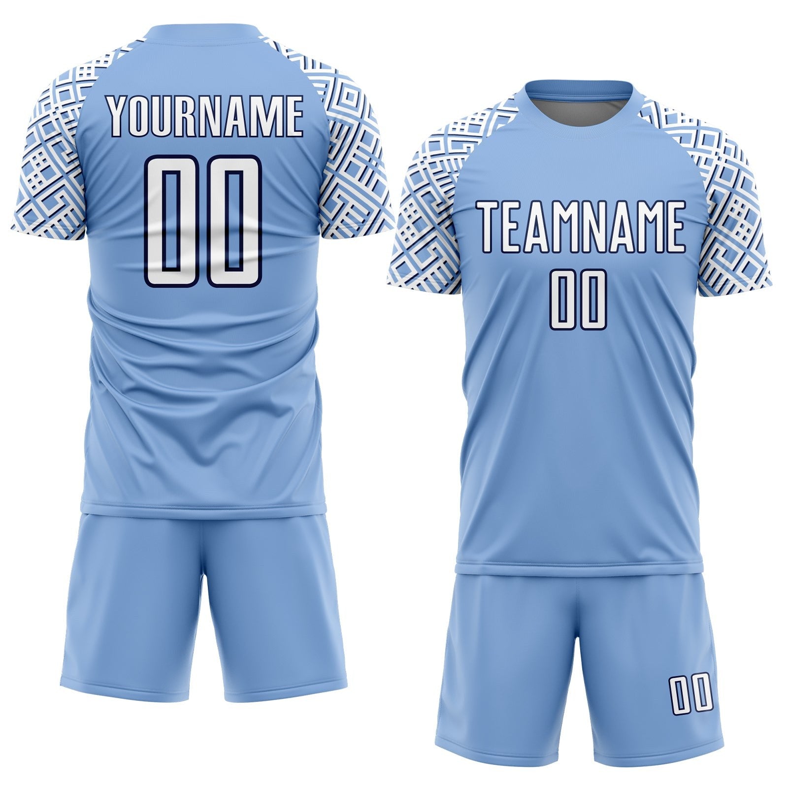 Custom Light Blue White-Navy Geometric Shape Sublimation Soccer Uniform Jersey photo 2