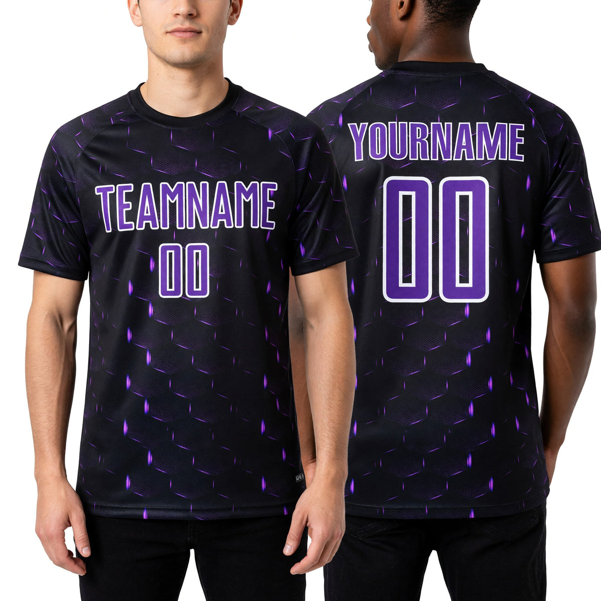 Custom Black Purple-White Geometric Shape Sublimation Soccer Uniform Jersey worn front and back
