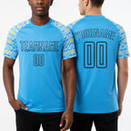 Custom Sky Blue Black Geometric Shape Sublimation Soccer Uniform Jersey worn front and back