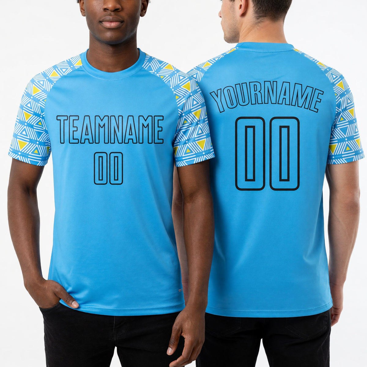 Custom Sky Blue Black Geometric Shape Sublimation Soccer Uniform Jersey worn front and back