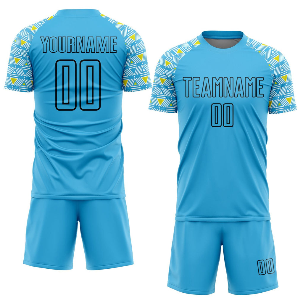 Custom Sky Blue Black Geometric Shape Sublimation Soccer Uniform Jersey photo 2