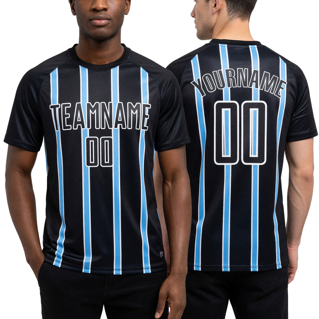 Custom Black Light Blue-White Stripe Line Sublimation Soccer Uniform Jersey worn front and back