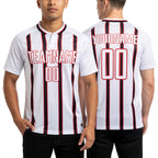 Custom White Black-Red Stripe Line Sublimation Soccer Uniform Jersey worn front and back