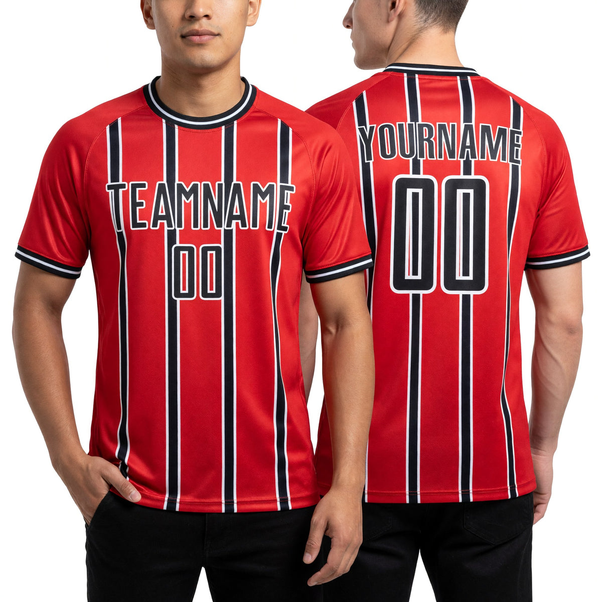 Custom Red Black-White Stripe Line Sublimation Soccer Uniform Jersey worn front and back