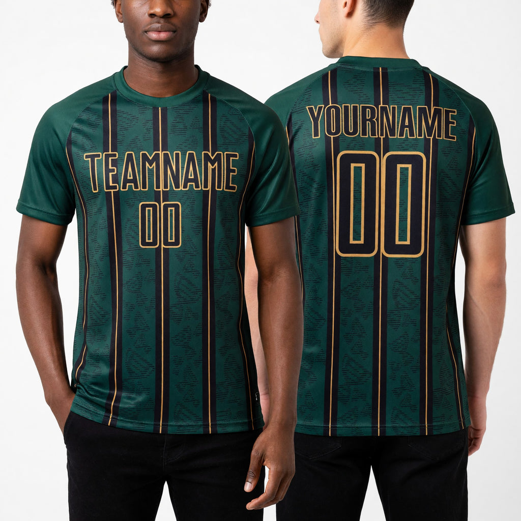 Custom Green Black-Old Gold Stripe Line Sublimation Soccer Uniform Jersey worn front and back