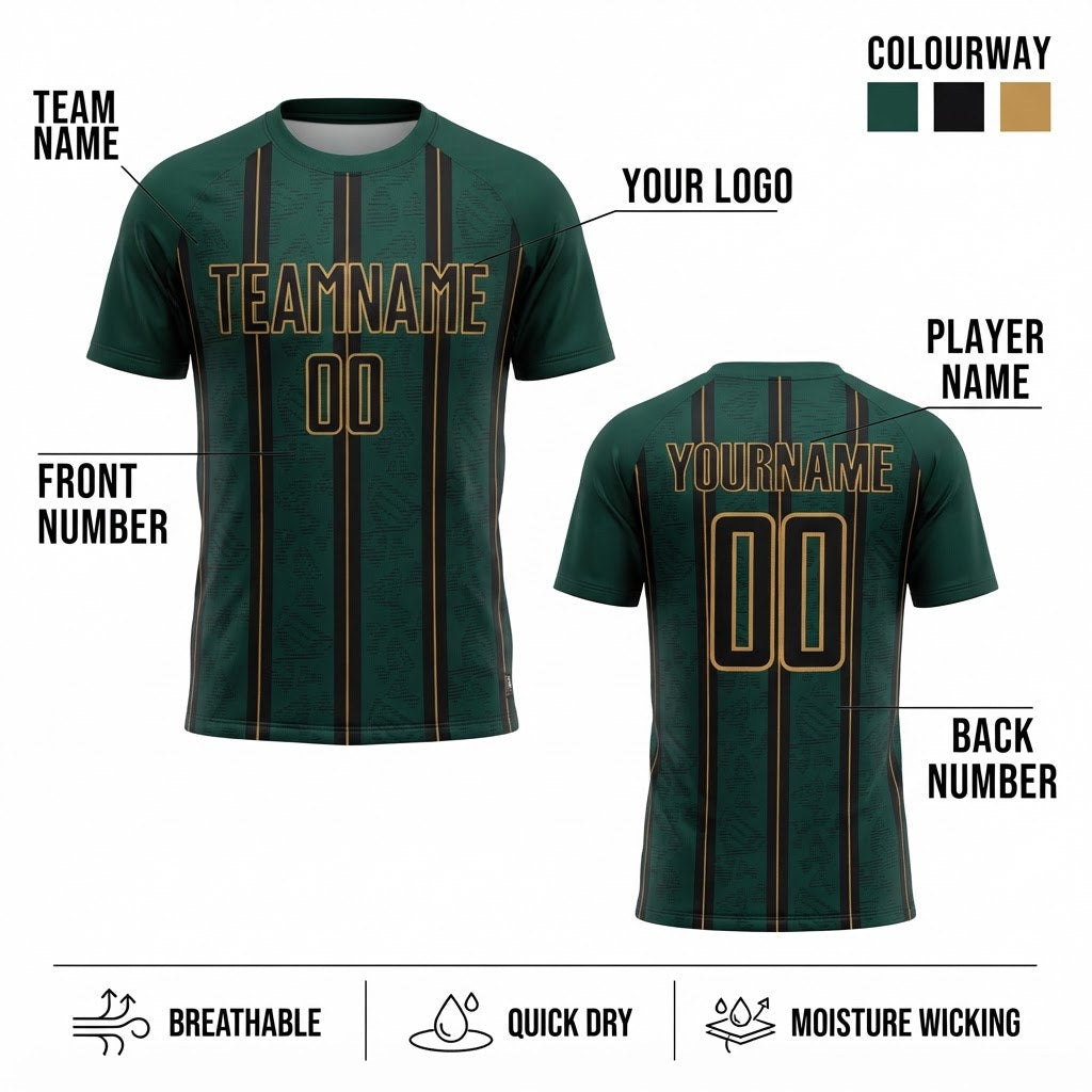 Custom Green Stripe Line Sublimated Soccer Jersey with Black and Old Gold Lettering customization guide