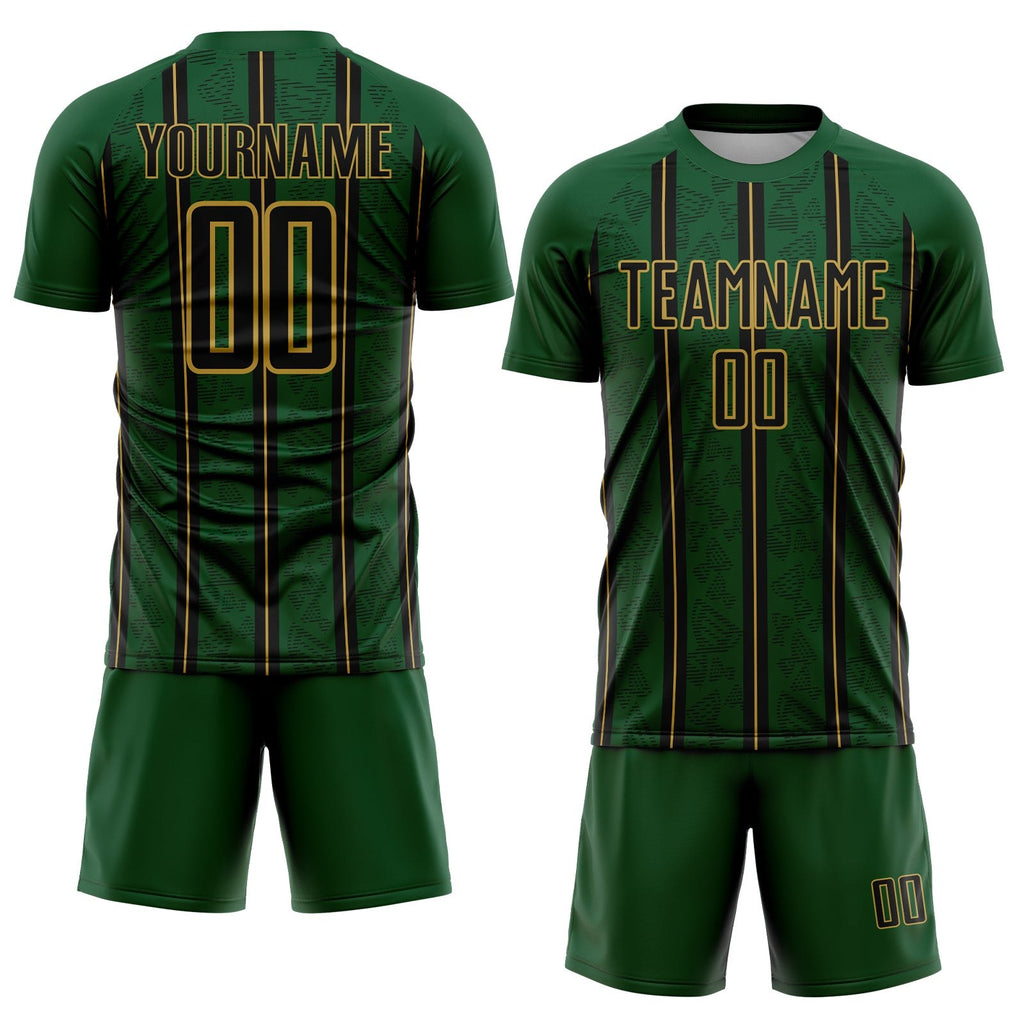 Custom Green Black-Old Gold Stripe Line Sublimation Soccer Uniform Jersey photo 2