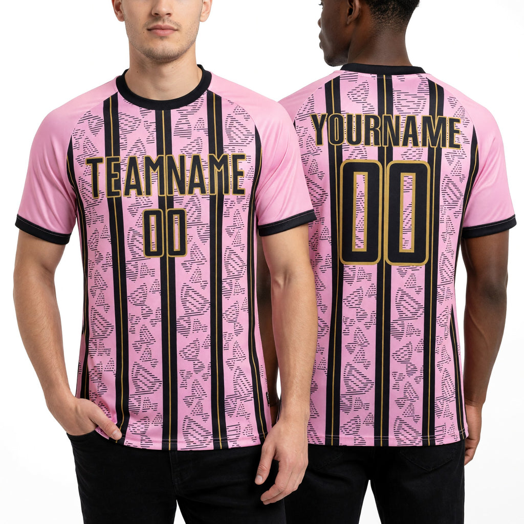 Custom Light Pink Black-Old Gold Stripe Line Sublimation Soccer Uniform Jersey worn front and back