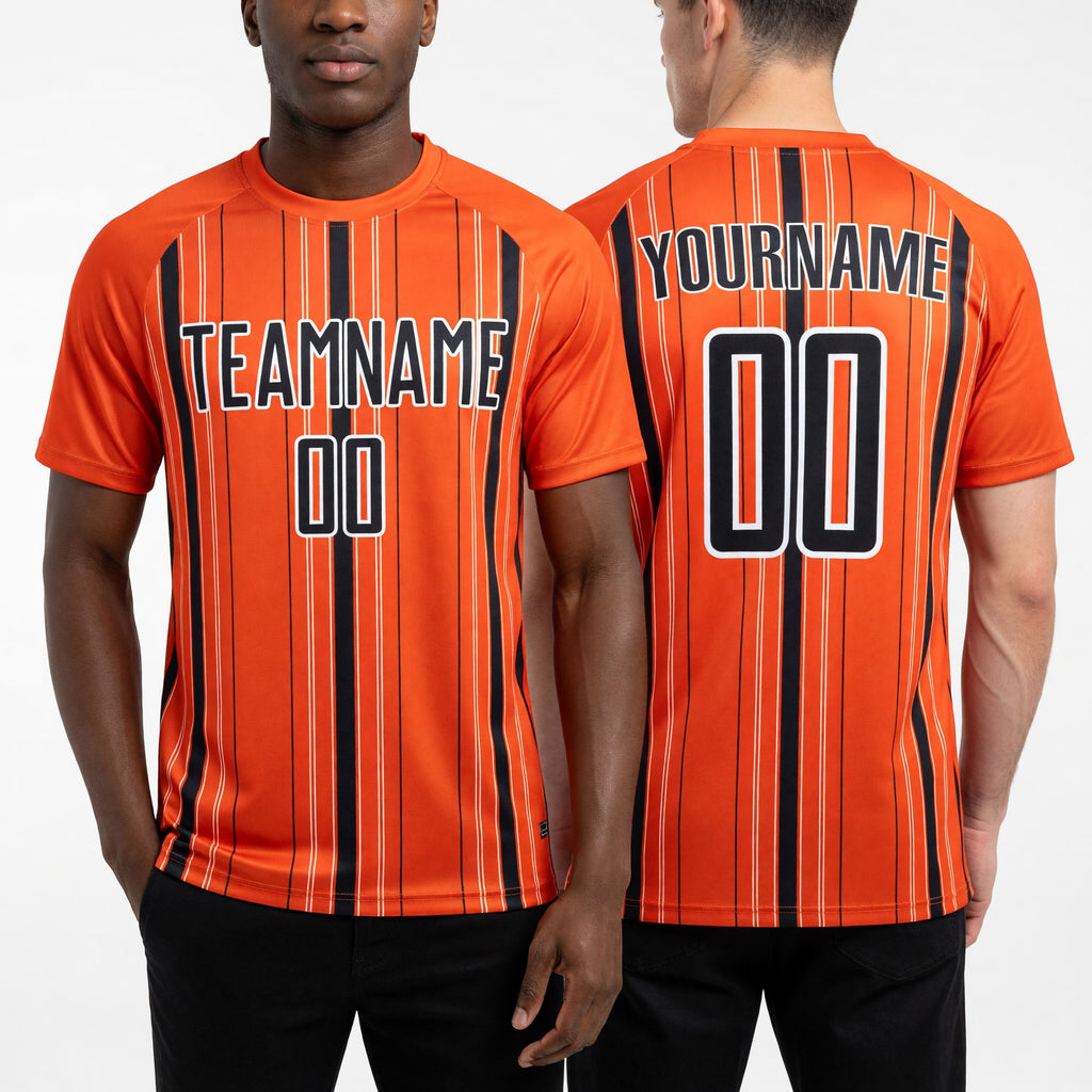 Custom Orange Black-White Stripe Sublimation Soccer Uniform Jersey worn front and back