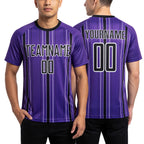 Custom Purple Black-White Stripe Sublimation Soccer Uniform Jersey worn front and back