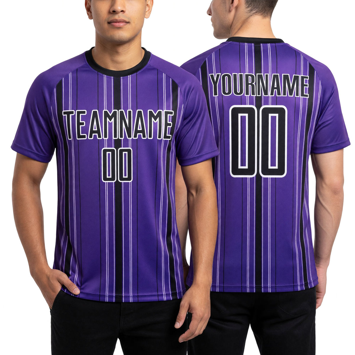 Custom Purple Black-White Stripe Sublimation Soccer Uniform Jersey worn front and back
