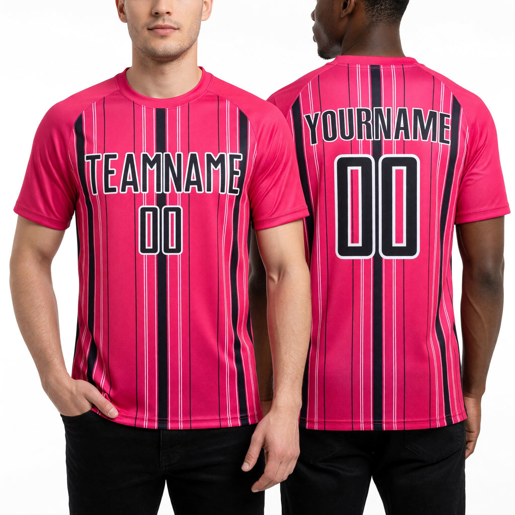 Custom Neon Pink Black-White Stripe Sublimation Soccer Uniform Jersey worn front and back