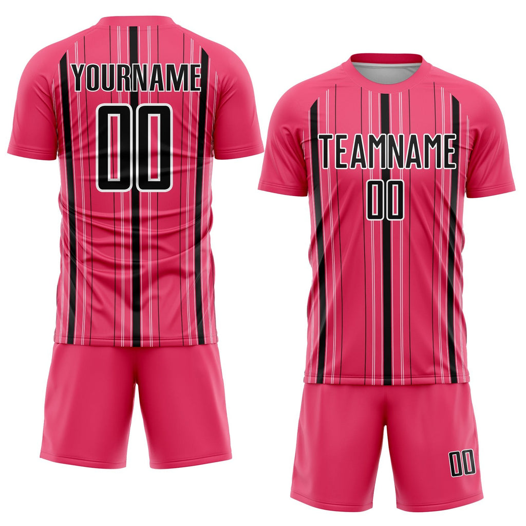 Custom Neon Pink Black-White Stripe Sublimation Soccer Uniform Jersey photo 2